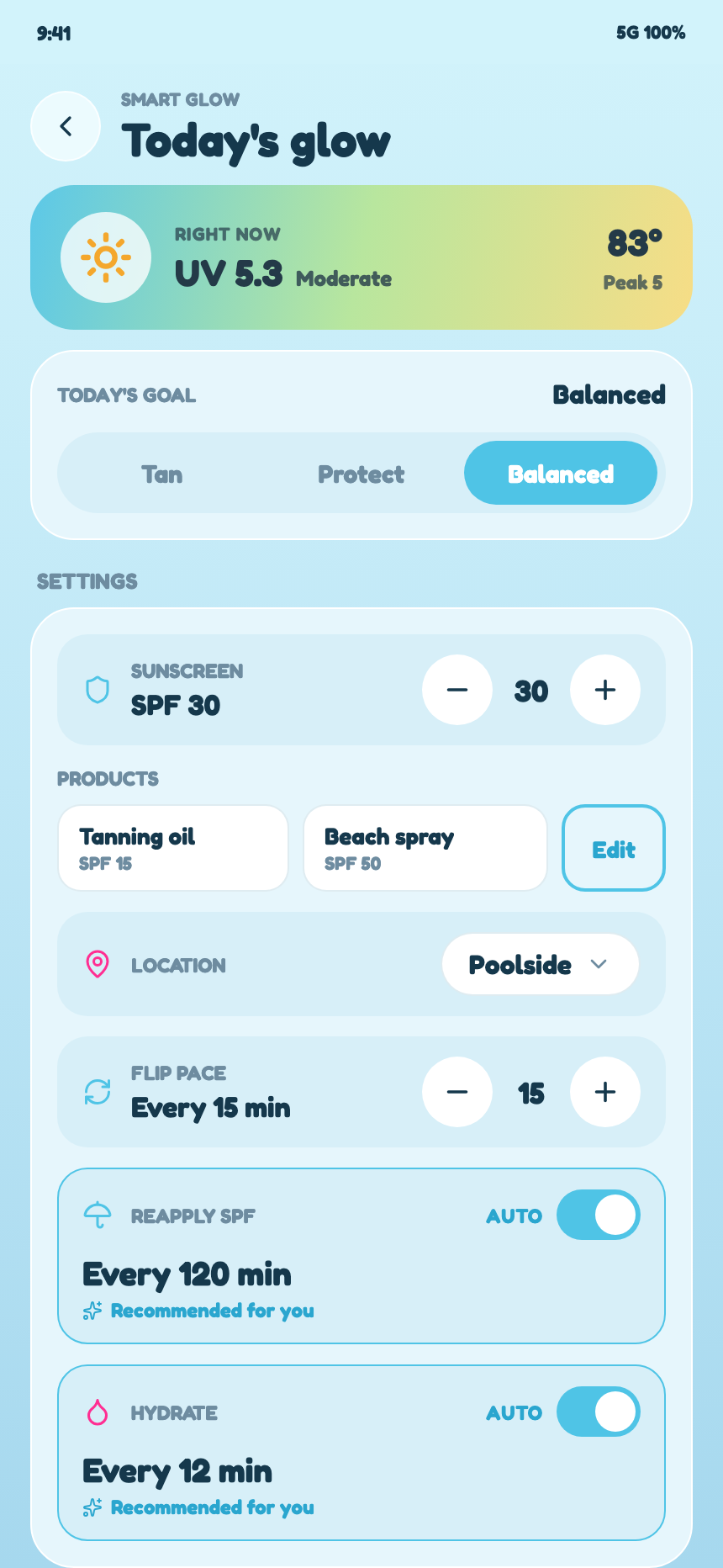 Sol Glow planner screen