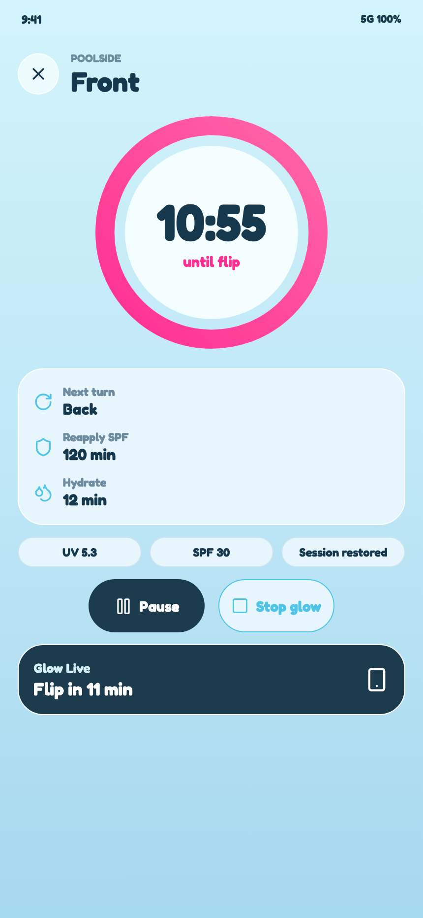 Sol Glow active timer counting down to a flip